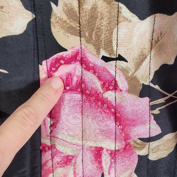 Carole Little 100% Silk Button Up Jacket Size L Floral Sequin Quilted Rose Lined - Picture 7 of 16